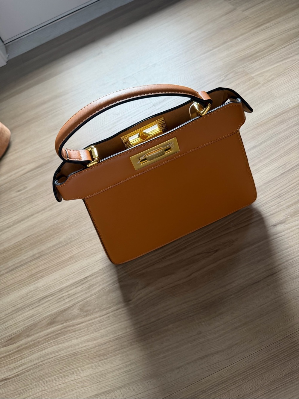 Classic Structured Shoulder Bag in Tan with Gold Hardware